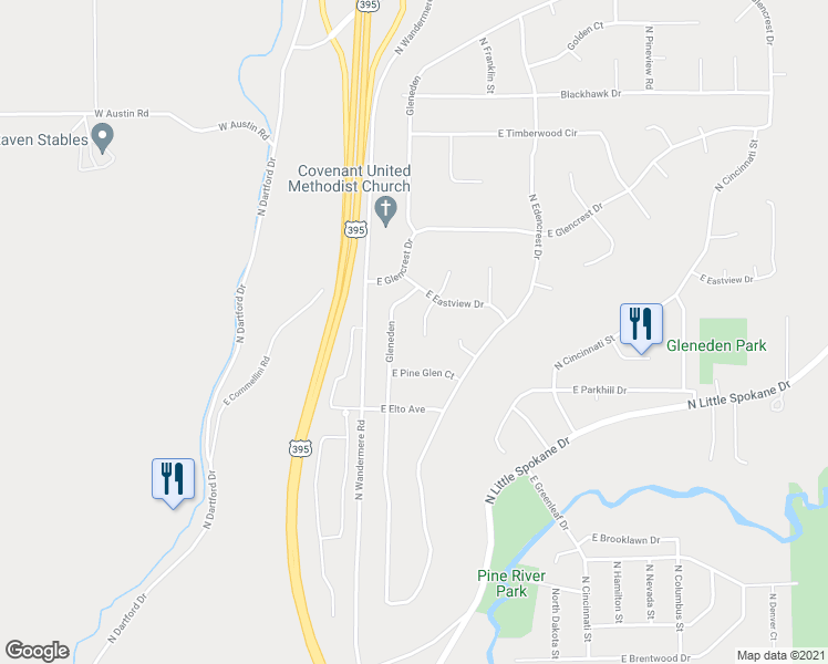 map of restaurants, bars, coffee shops, grocery stores, and more near 15217 North Addison Court in Spokane
