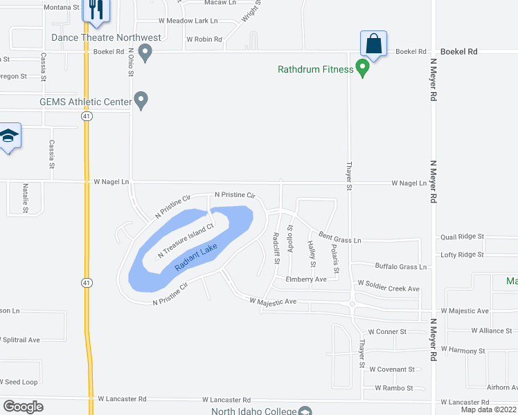 map of restaurants, bars, coffee shops, grocery stores, and more near 14913 North Pristine Circle in Rathdrum