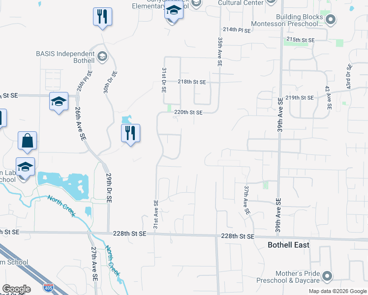 map of restaurants, bars, coffee shops, grocery stores, and more near 22216 32nd Avenue Southeast in Bothell