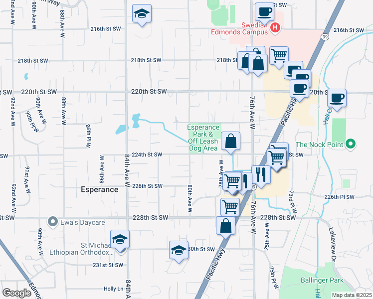 map of restaurants, bars, coffee shops, grocery stores, and more near 8010 224th Street Southwest in Edmonds