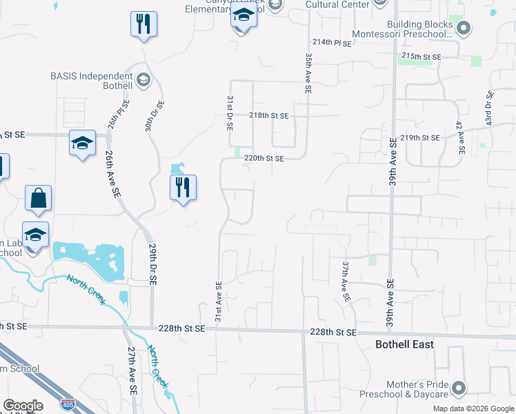 map of restaurants, bars, coffee shops, grocery stores, and more near 22216 32nd Avenue Southeast in Bothell