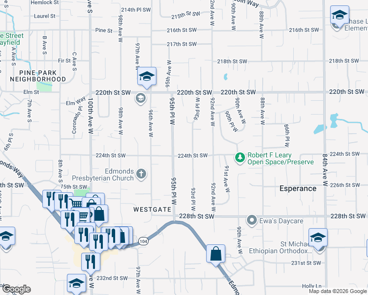 map of restaurants, bars, coffee shops, grocery stores, and more near 22320 93rd Place West in Edmonds