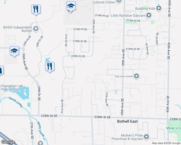 map of restaurants, bars, coffee shops, grocery stores, and more near 22211 34th Avenue Southeast in Bothell