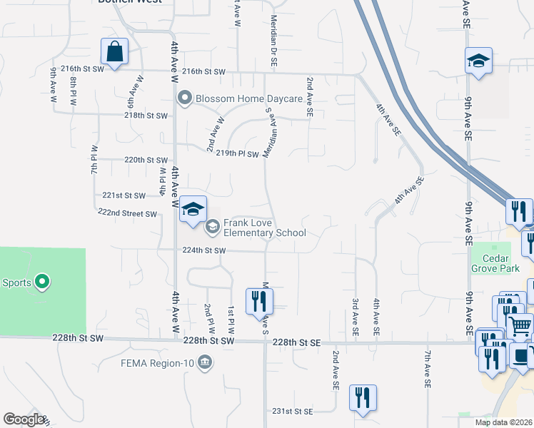map of restaurants, bars, coffee shops, grocery stores, and more near 9 223rd Street Southwest in Bothell