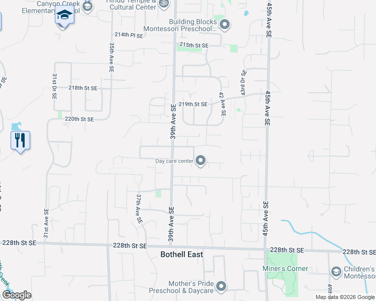 map of restaurants, bars, coffee shops, grocery stores, and more near 3932 221st Place Southeast in Bothell
