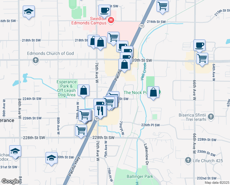 map of restaurants, bars, coffee shops, grocery stores, and more near 7322 224th Street Southwest in Edmonds