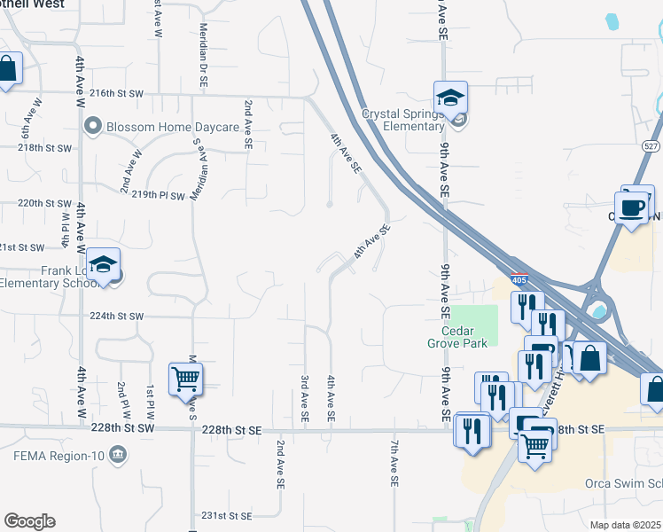 map of restaurants, bars, coffee shops, grocery stores, and more near 330 221st Street Southeast in Bothell