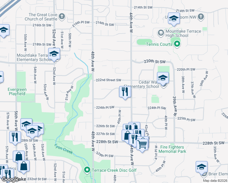 map of restaurants, bars, coffee shops, grocery stores, and more near 4502 223rd Street Southwest in Mountlake Terrace