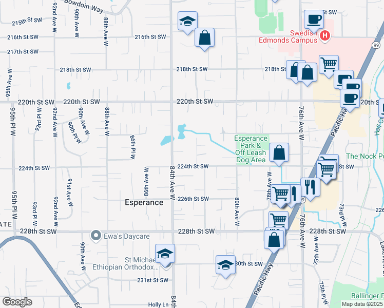 map of restaurants, bars, coffee shops, grocery stores, and more near 8220 224th Street Southwest in Edmonds
