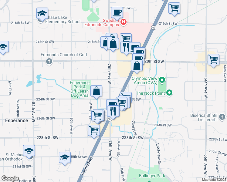 map of restaurants, bars, coffee shops, grocery stores, and more near 22311 76th Avenue West in Edmonds
