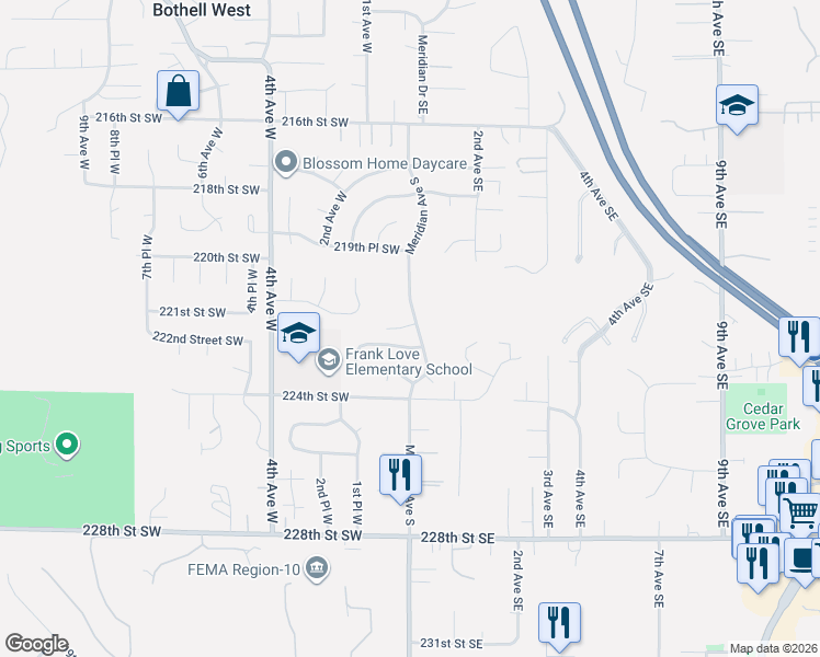 map of restaurants, bars, coffee shops, grocery stores, and more near 22106 Meridian Avenue South in Bothell