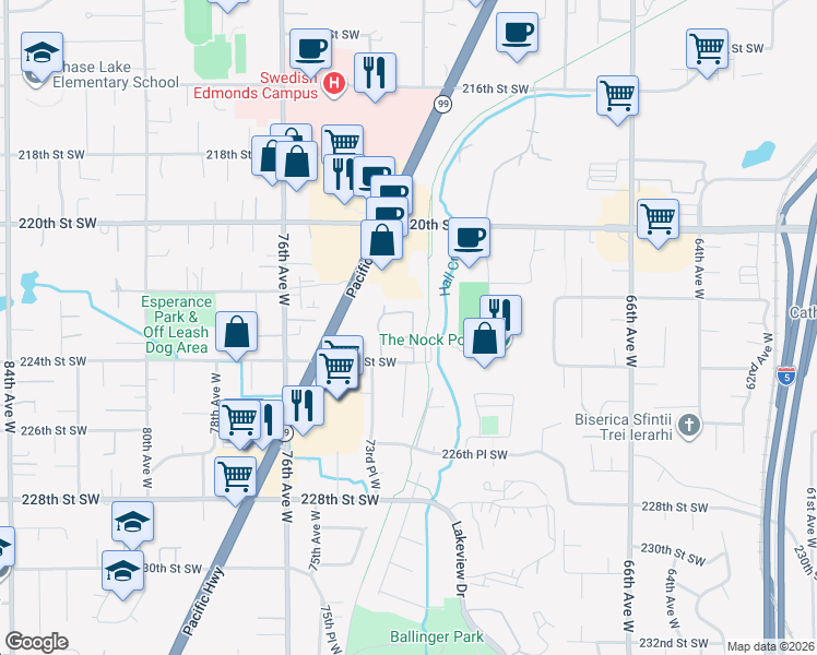 map of restaurants, bars, coffee shops, grocery stores, and more near 7305 224th Street Southwest in Edmonds