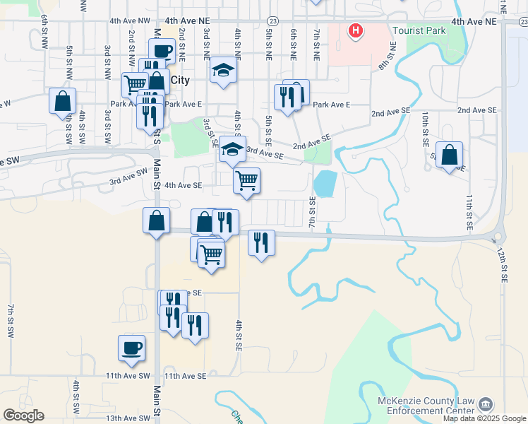 map of restaurants, bars, coffee shops, grocery stores, and more near 500 4th Street Southeast in Watford City
