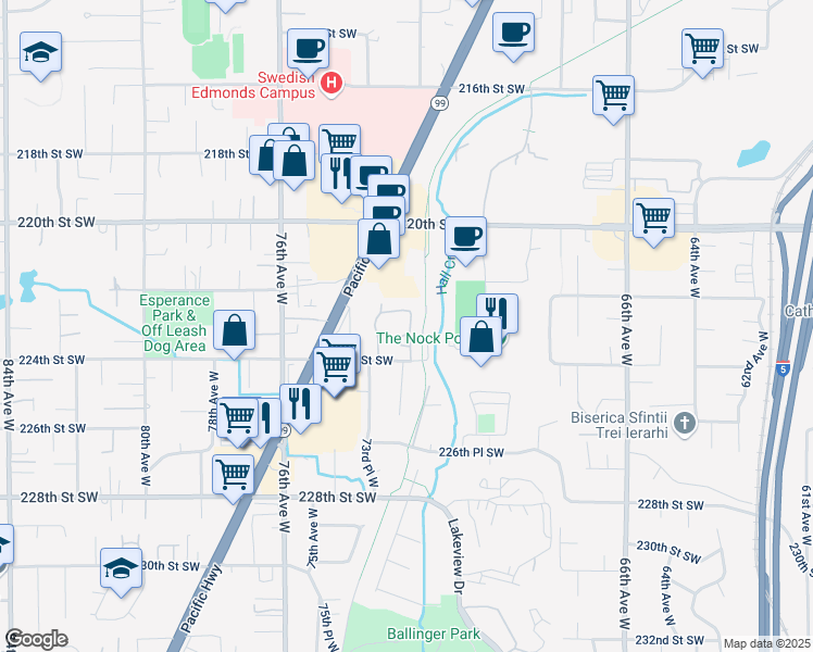 map of restaurants, bars, coffee shops, grocery stores, and more near 7305 224th Street Southwest in Edmonds