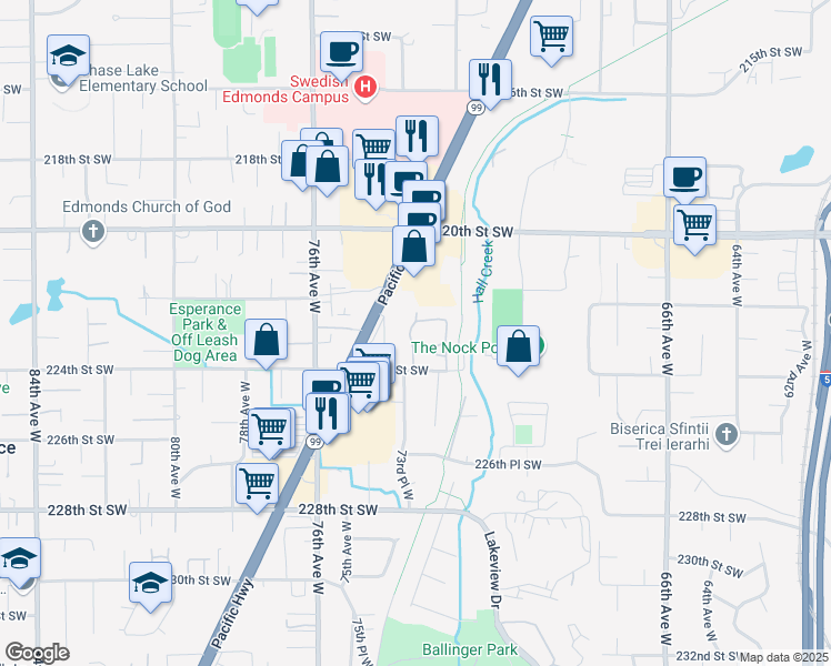 map of restaurants, bars, coffee shops, grocery stores, and more near 7305 224th Street Southwest in Edmonds