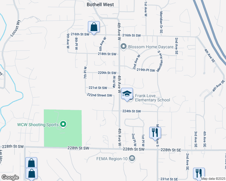 map of restaurants, bars, coffee shops, grocery stores, and more near 22112 4th Place West in Bothell