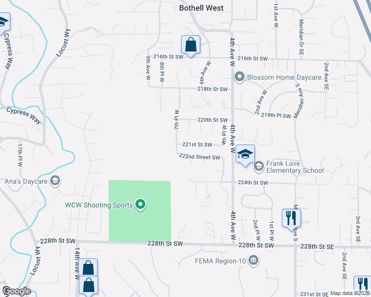 map of restaurants, bars, coffee shops, grocery stores, and more near 633 221st Street Southwest in Bothell