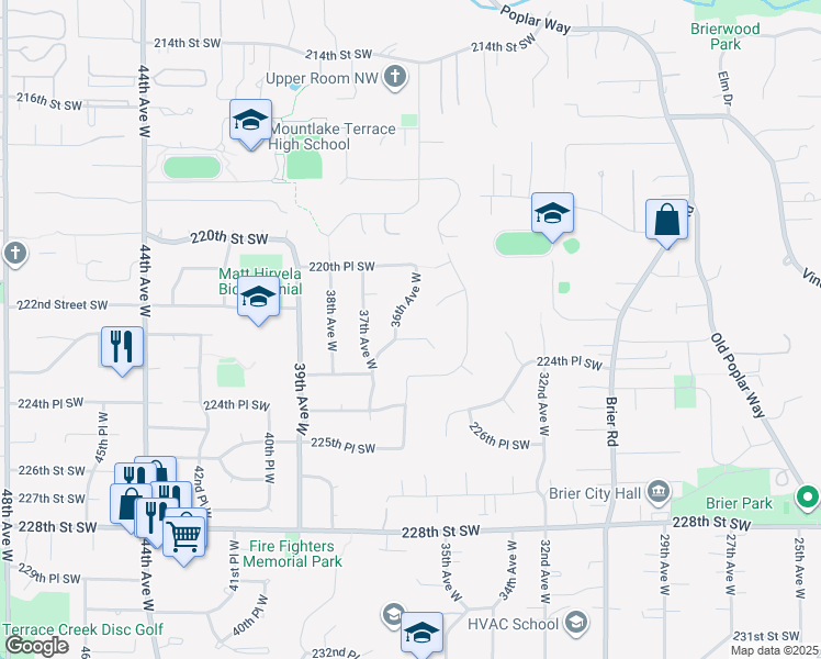 map of restaurants, bars, coffee shops, grocery stores, and more near 3506 221st Place Southwest in Brier