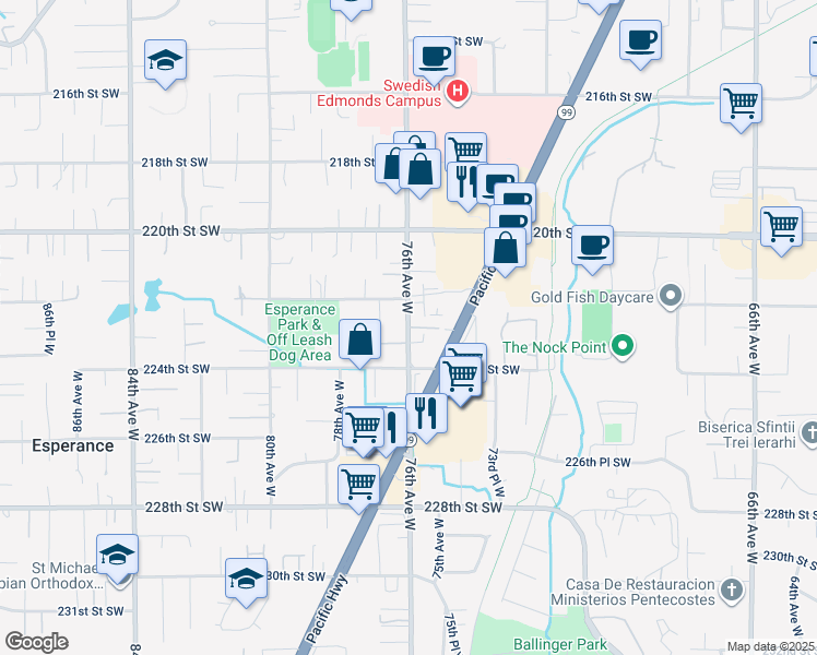 map of restaurants, bars, coffee shops, grocery stores, and more near 22218 76th Avenue West in Edmonds