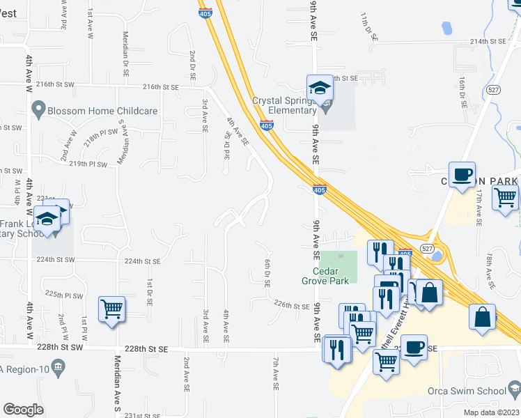 map of restaurants, bars, coffee shops, grocery stores, and more near 22118 5th Drive Southeast in Bothell