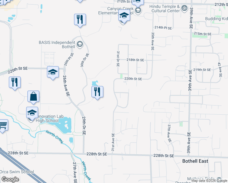 map of restaurants, bars, coffee shops, grocery stores, and more near 22015 31st Avenue Southeast in Bothell