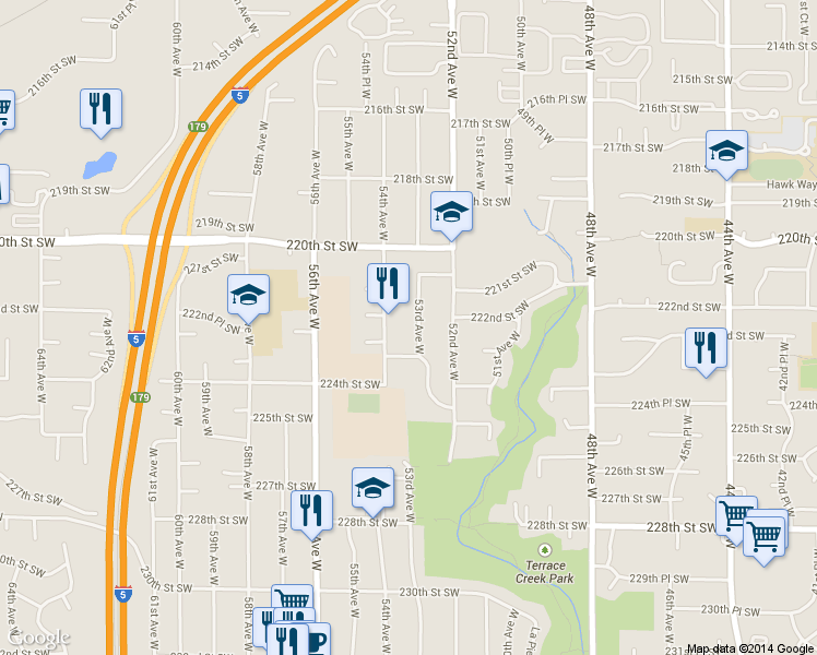 map of restaurants, bars, coffee shops, grocery stores, and more near 22109 54th Avenue West in Mountlake Terrace