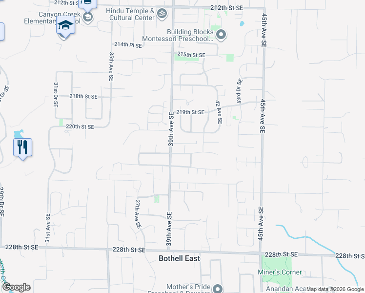 map of restaurants, bars, coffee shops, grocery stores, and more near 3929 221st Street Southeast in Bothell