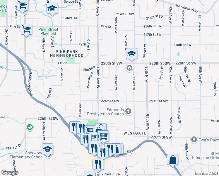 map of restaurants, bars, coffee shops, grocery stores, and more near 22007 100th Avenue West in Edmonds