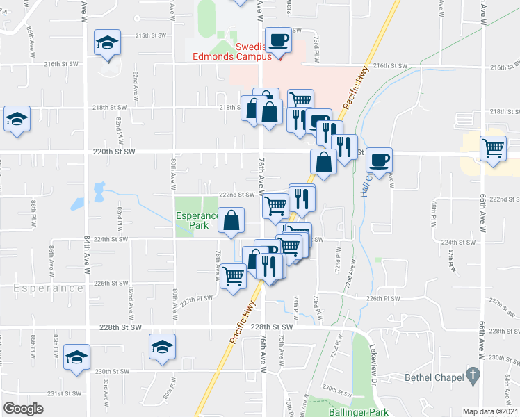 map of restaurants, bars, coffee shops, grocery stores, and more near 22218 76th Ave W in Edmonds