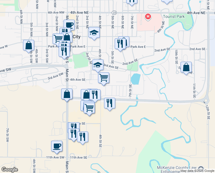 map of restaurants, bars, coffee shops, grocery stores, and more near 500 4th Street Southeast in Watford City