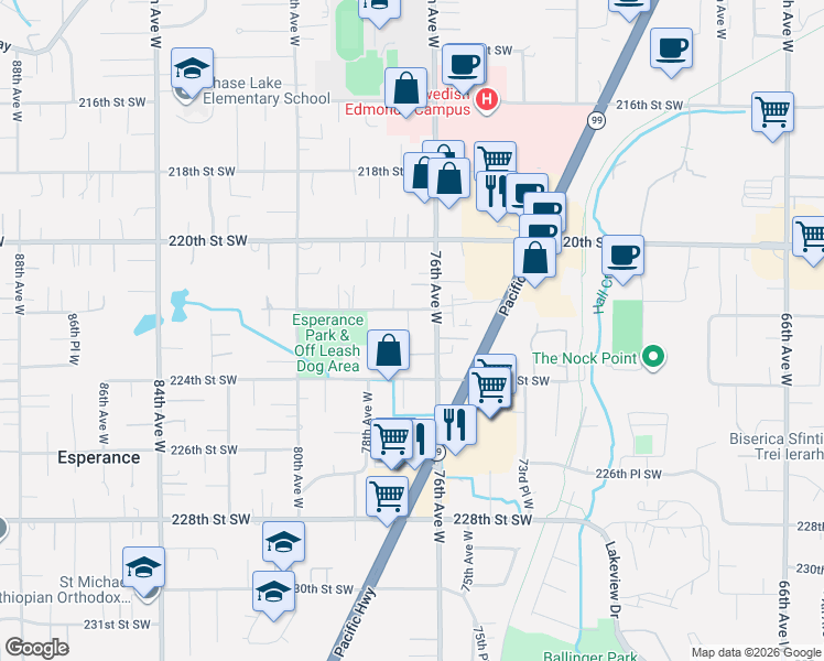 map of restaurants, bars, coffee shops, grocery stores, and more near 7706 222nd Street Southwest in Edmonds