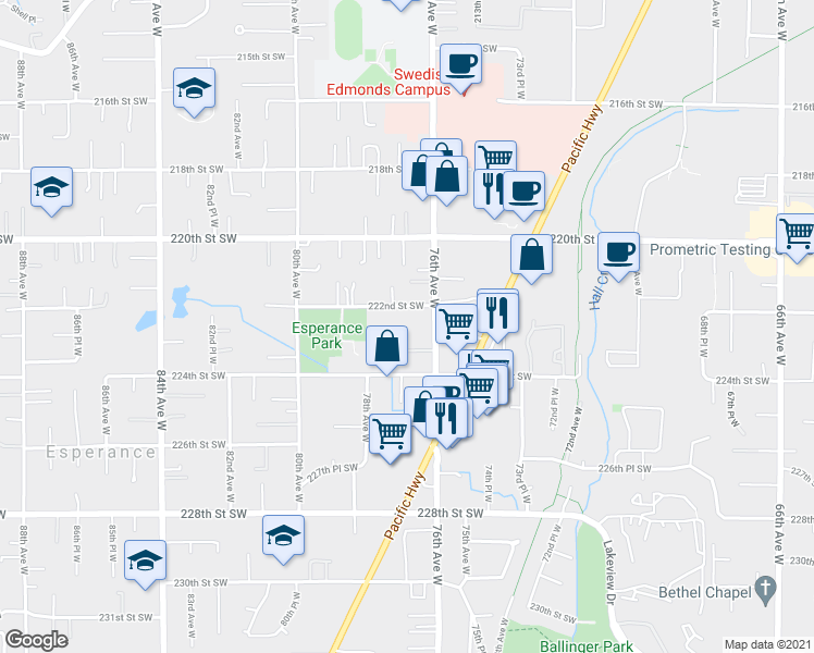 map of restaurants, bars, coffee shops, grocery stores, and more near 7706 222nd Street Southwest in Edmonds