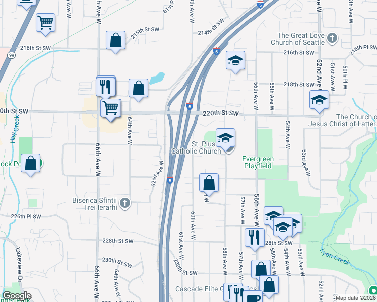 map of restaurants, bars, coffee shops, grocery stores, and more near 22204 60th Avenue West in Mountlake Terrace