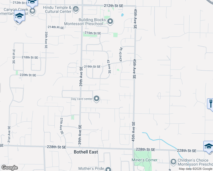 map of restaurants, bars, coffee shops, grocery stores, and more near 4118 220th Place Southeast in Bothell East