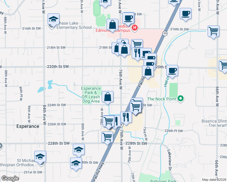 map of restaurants, bars, coffee shops, grocery stores, and more near 7628 222nd Street Southwest in Edmonds