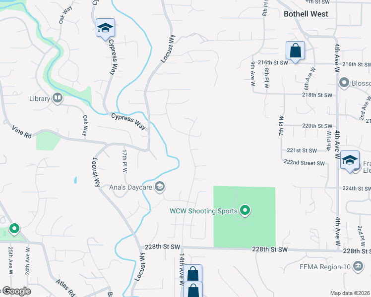map of restaurants, bars, coffee shops, grocery stores, and more near 22118 14th Avenue West in Bothell