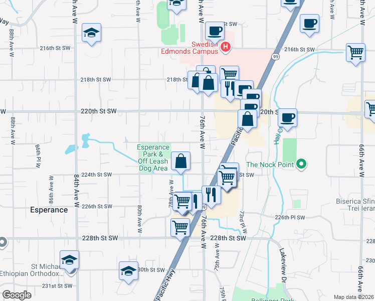 map of restaurants, bars, coffee shops, grocery stores, and more near 7628 222nd Street Southwest in Edmonds