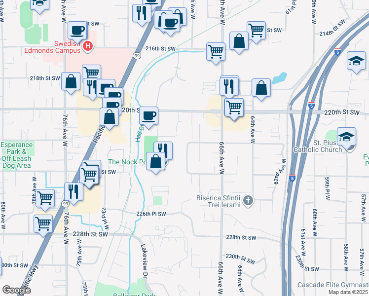map of restaurants, bars, coffee shops, grocery stores, and more near 22202 68th Place West in Mountlake Terrace
