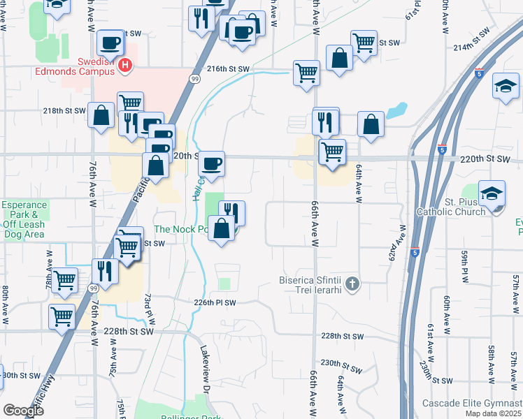 map of restaurants, bars, coffee shops, grocery stores, and more near 22202 68th Place West in Mountlake Terrace