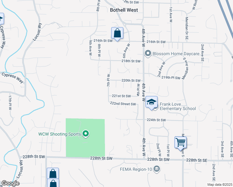map of restaurants, bars, coffee shops, grocery stores, and more near 633 221st Street Southwest in Bothell