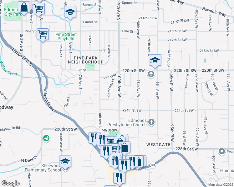 map of restaurants, bars, coffee shops, grocery stores, and more near 1237 Birch Street in Edmonds