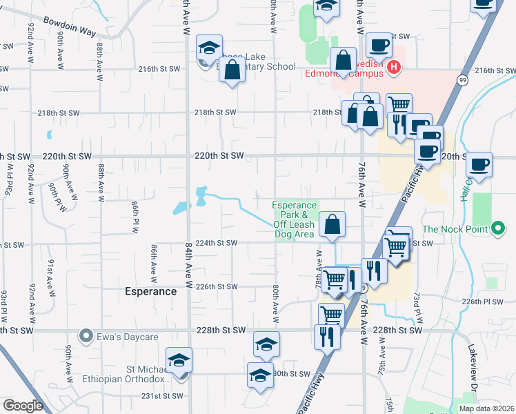 map of restaurants, bars, coffee shops, grocery stores, and more near 8010 222nd Street Southwest in Edmonds