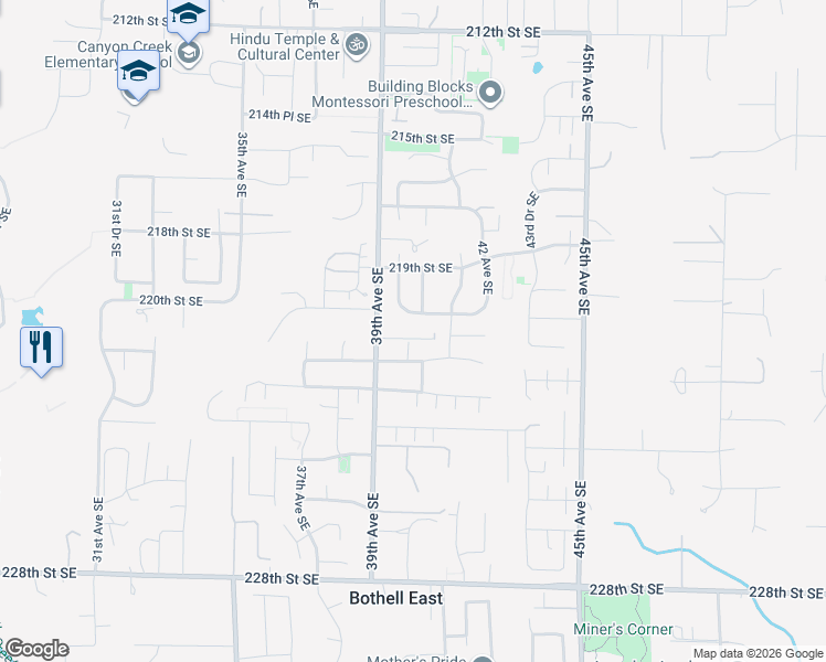 map of restaurants, bars, coffee shops, grocery stores, and more near 3929 221st Street Southeast in Bothell