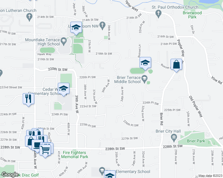 map of restaurants, bars, coffee shops, grocery stores, and more near 3506 221st Place Southwest in Brier