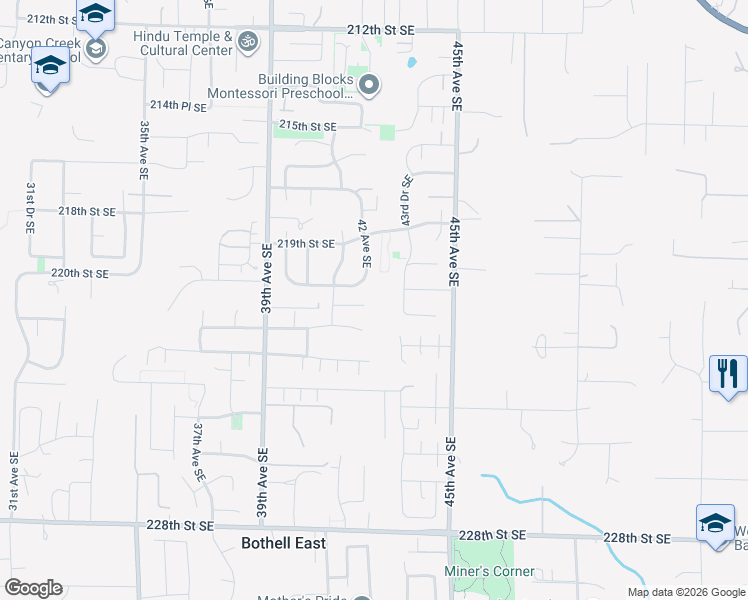 map of restaurants, bars, coffee shops, grocery stores, and more near 4207 221st Street Southeast in Bothell