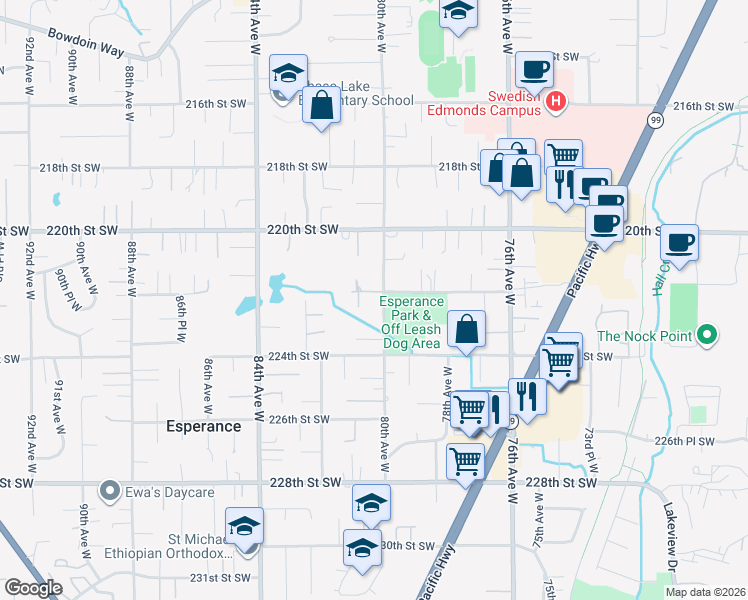 map of restaurants, bars, coffee shops, grocery stores, and more near 8010 222nd Street Southwest in Edmonds