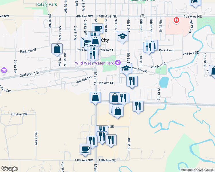 map of restaurants, bars, coffee shops, grocery stores, and more near 101-197 4th Avenue Southeast in Watford City