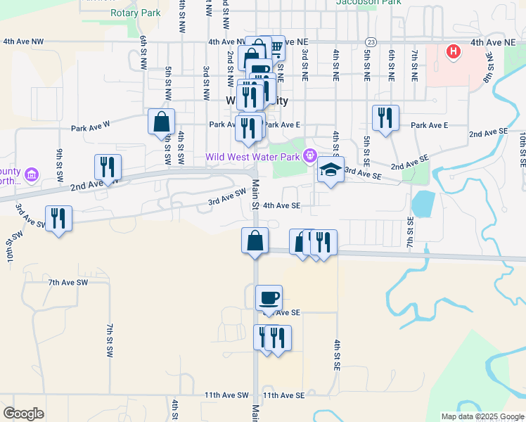 map of restaurants, bars, coffee shops, grocery stores, and more near 101 4th Avenue Southeast in Watford City