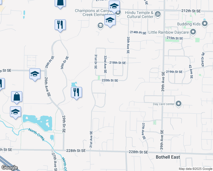 map of restaurants, bars, coffee shops, grocery stores, and more near 3135 222nd Street Southeast in Bothell
