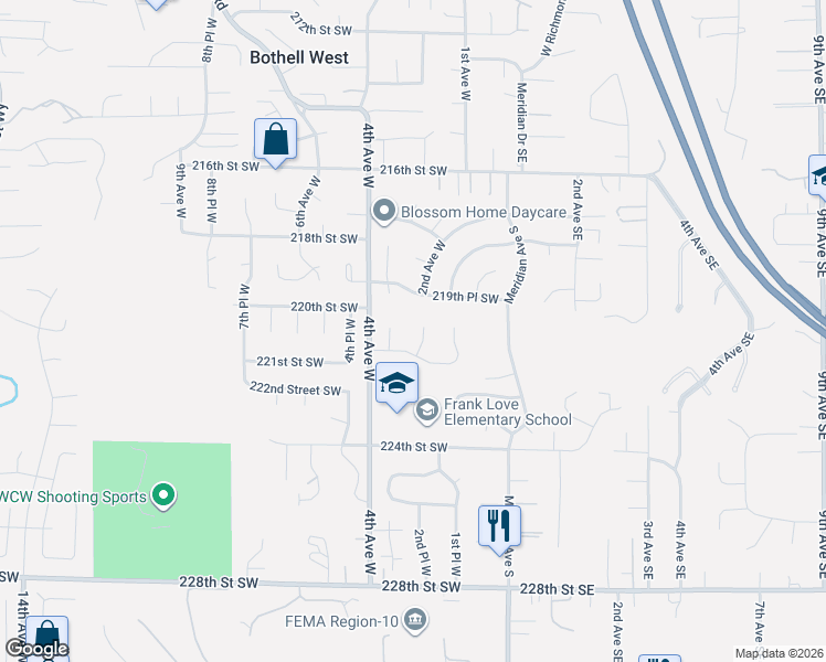 map of restaurants, bars, coffee shops, grocery stores, and more near 22105 2nd Place West in Bothell